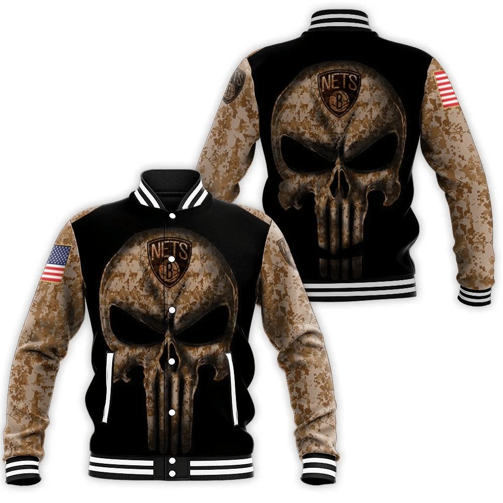 Camouflage Skull Brooklyn Nets American Flag Baseball Jacket for Men Women