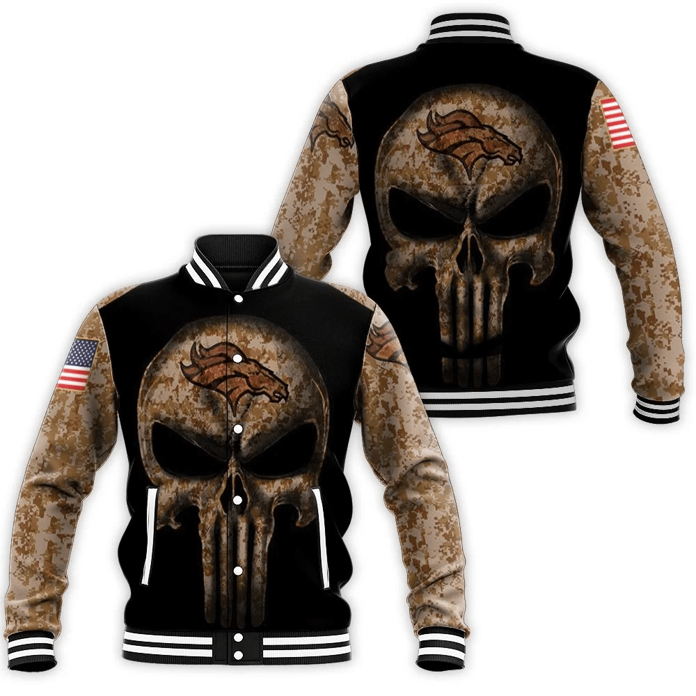 Camouflage Skull Denver Broncos American Flag Baseball Jacket for Men Women