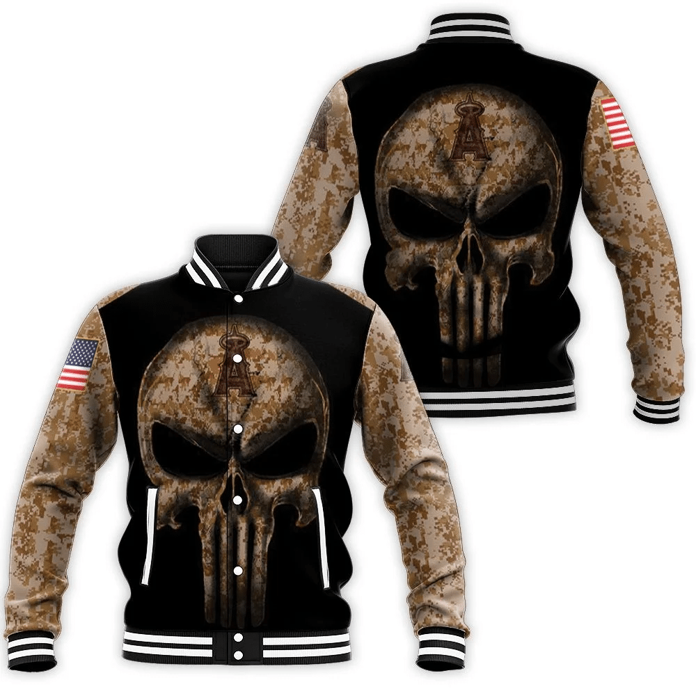 Camouflage Skull Los Angeles Angels American Flag Baseball Jacket for Men Women