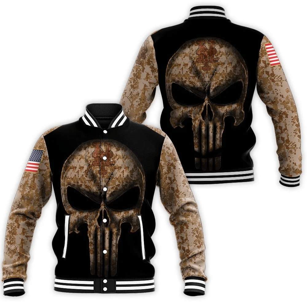 Camouflage Skull New York Mets American Flag Baseball Jacket for Men Women