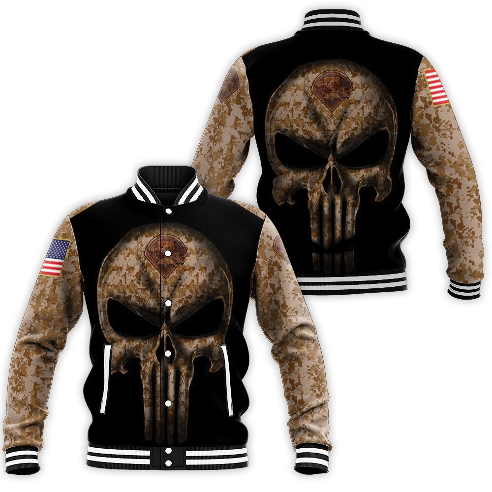 Camouflage Skull Philadelphia Phillies American Flag Baseball Jacket for Men Women