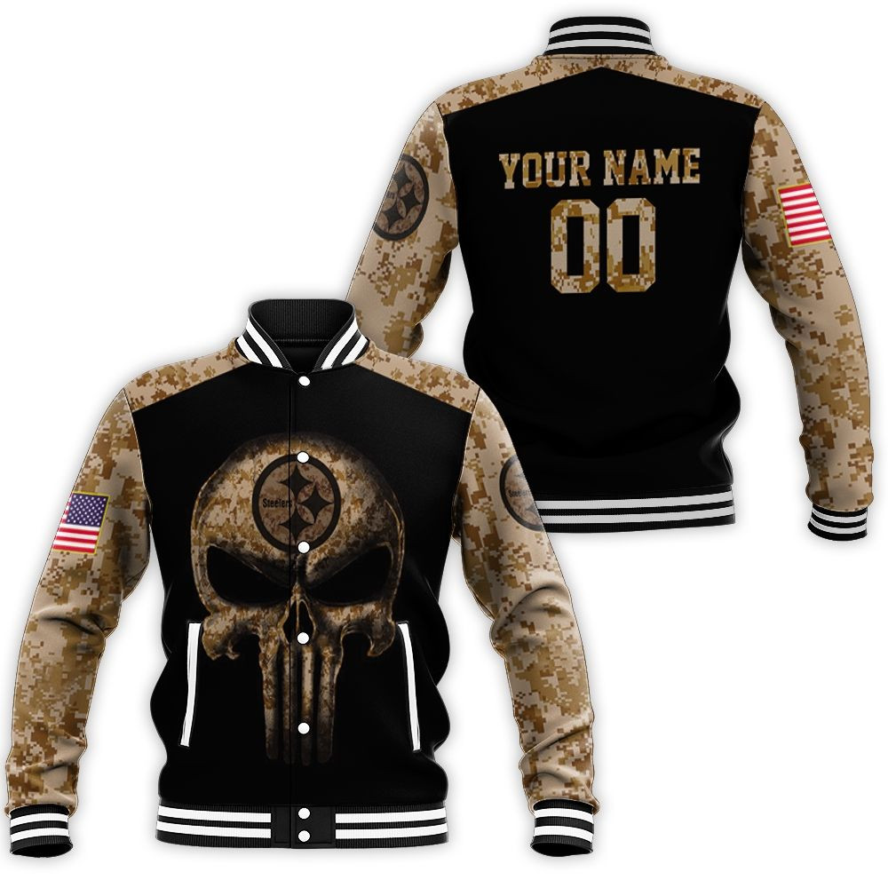 Camouflage Skull Pittsburgh Steelers American Flag 3d Personalized Baseball Jacket for Men Women