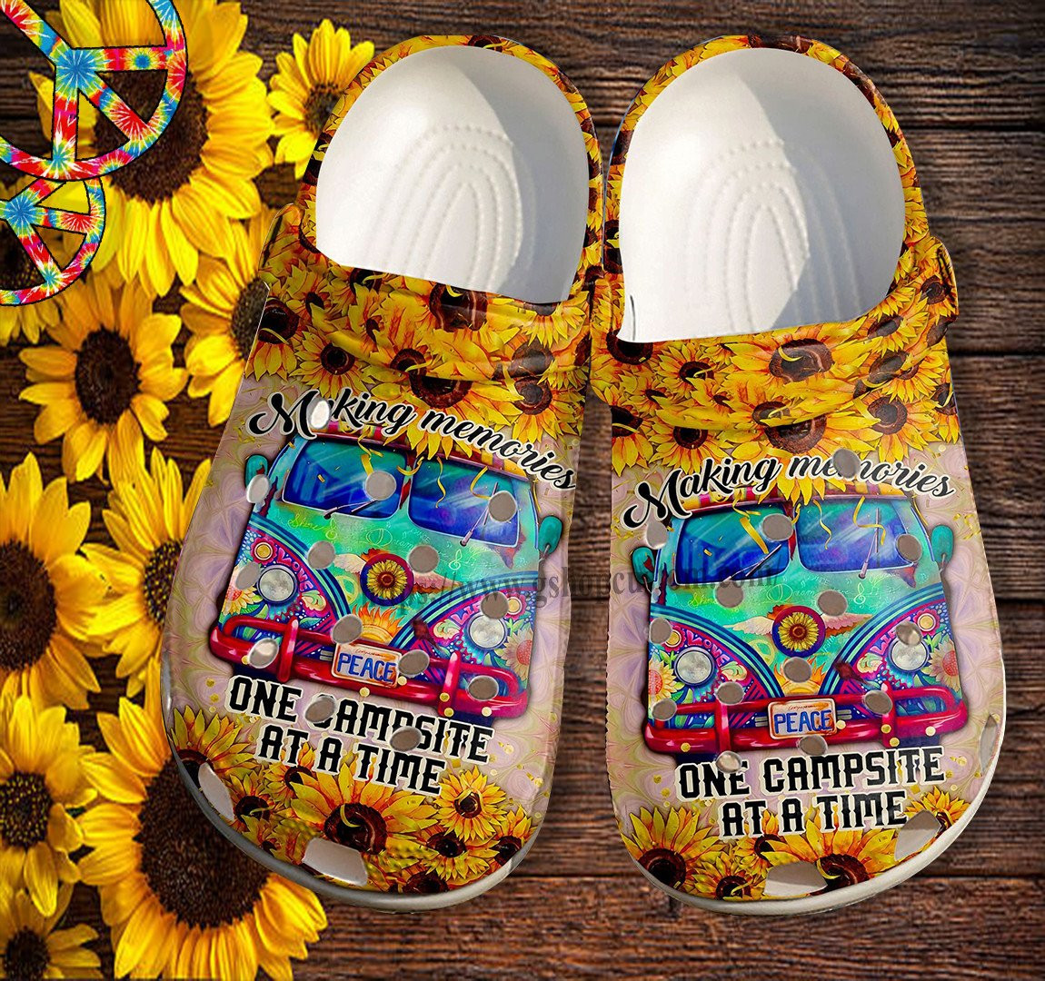 Camping Bus Peace Sunflower Croc Shoes Gift Mother Day- Hippie Trippy Bus Camp Shoes Croc Clogs