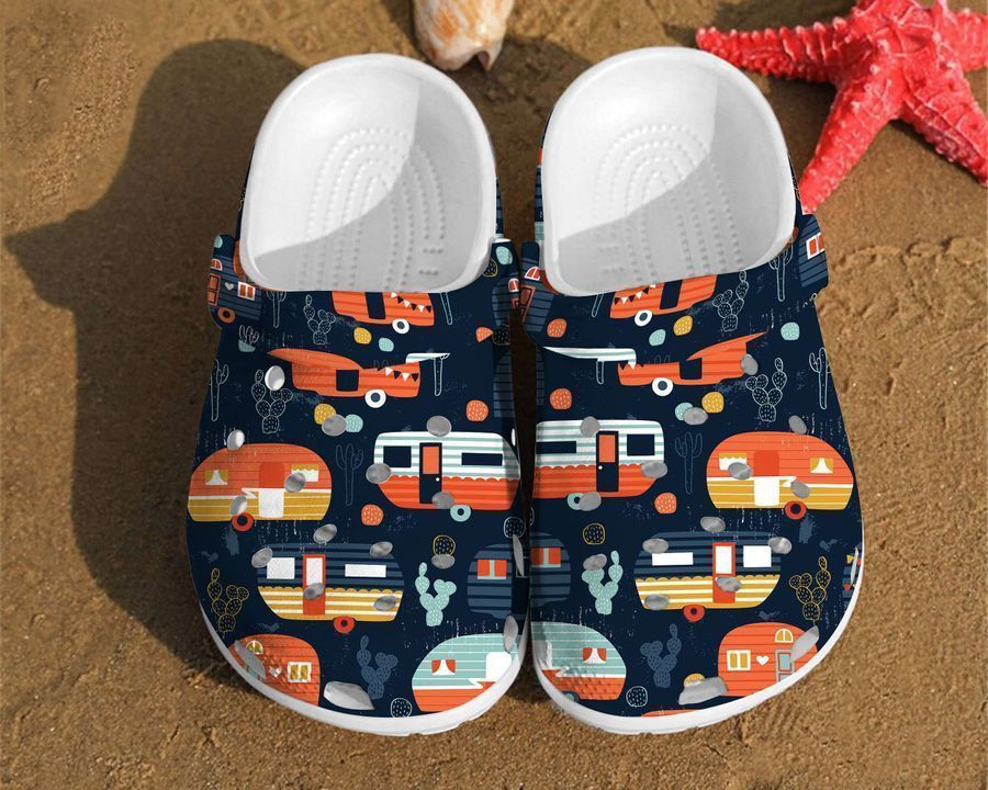 Camping Trailer Pattern Summer Happy Camper Best Gifts For Lovers Campers Cool Crocs Clog Shoes