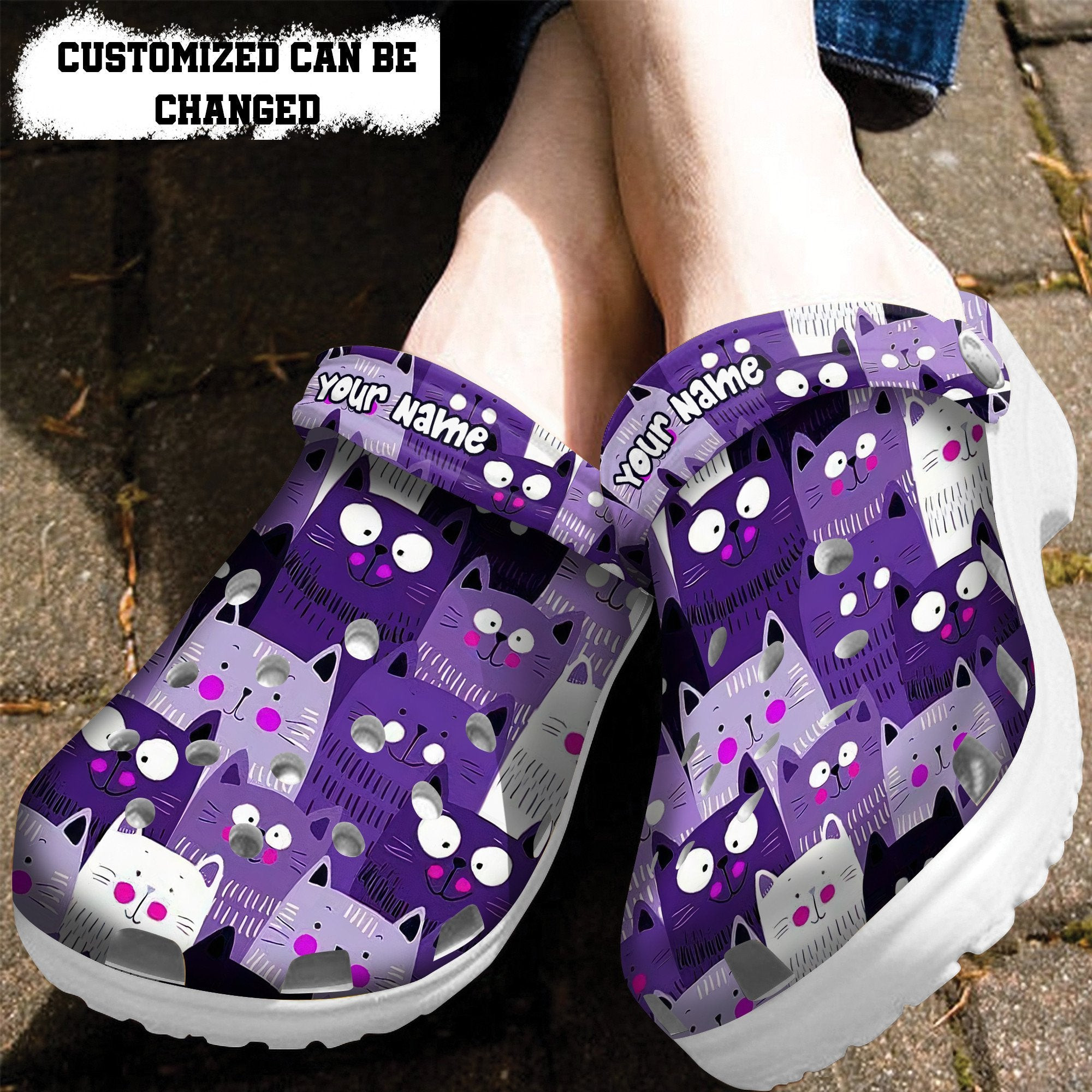 Cat Chibi Anime Cute Purple Crocs Shoes- Funny Cat Face Pattern Shoes Croc Clogs Customize Birtdahy Gift