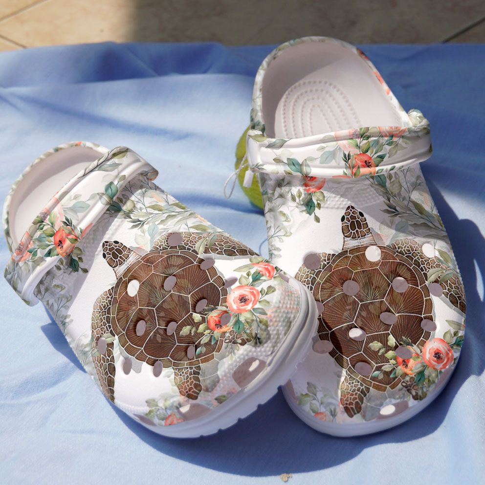 Charming Sea Turtle With Flowers Shoes Crocs – Sea Turtle In The Ocean Shoes Clog For Women Men
