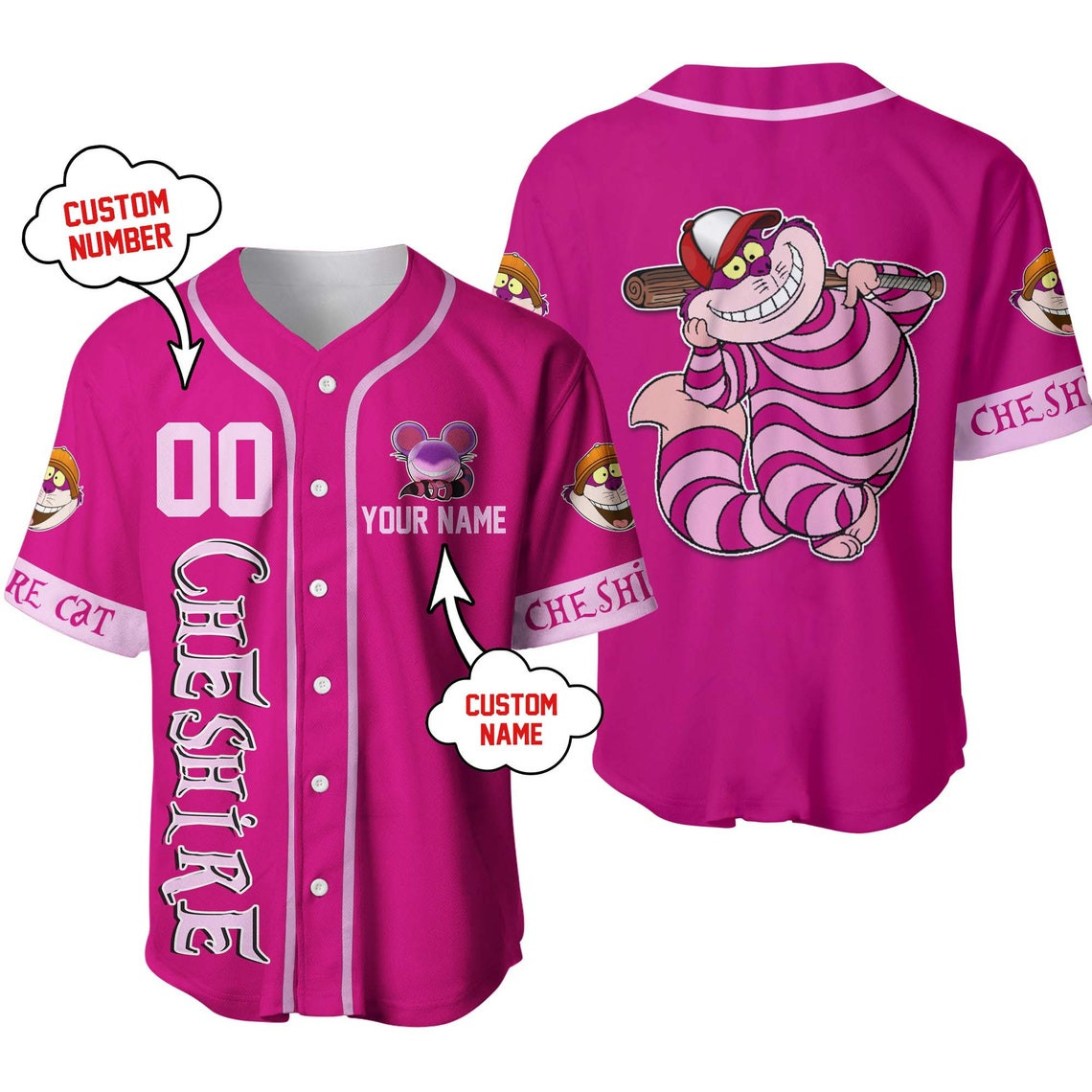 Cheshire Cat Dark Pink Purple White Disney Unisex Cartoon Custom Baseball Jersey Personalized Shirt Men Women