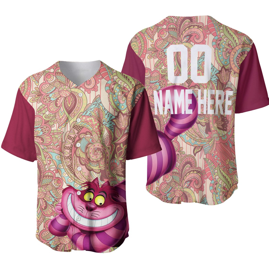 Cheshire Cat Flowery Pattern Rosewood Disney Unisex Cartoon Custom Baseball Jersey Personalized Shirt Men Women