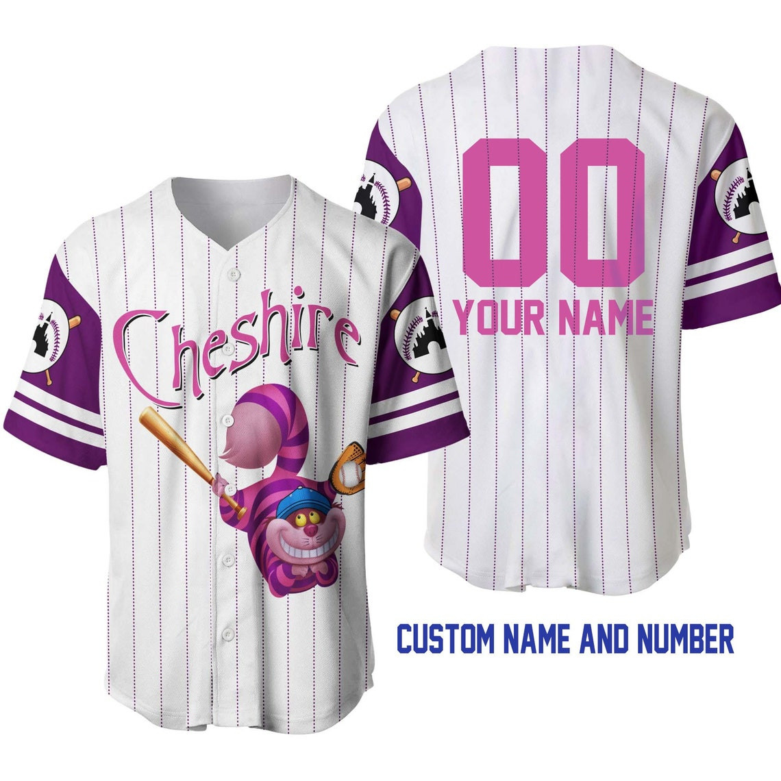 Cheshire Cat White Pink Purple Disney Unisex Cartoon Custom Baseball Jersey Personalized Shirt Men Women