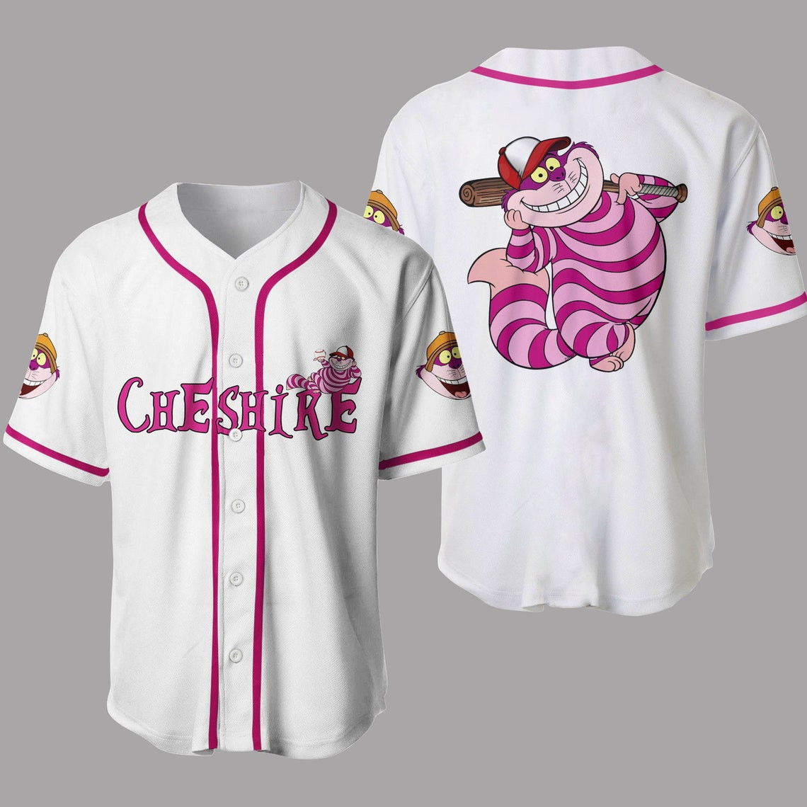 Chesire Cat Alice In Wonderland White Pink Disney Unisex Cartoon Custom Baseball Jersey Personalized Shirt Men Women