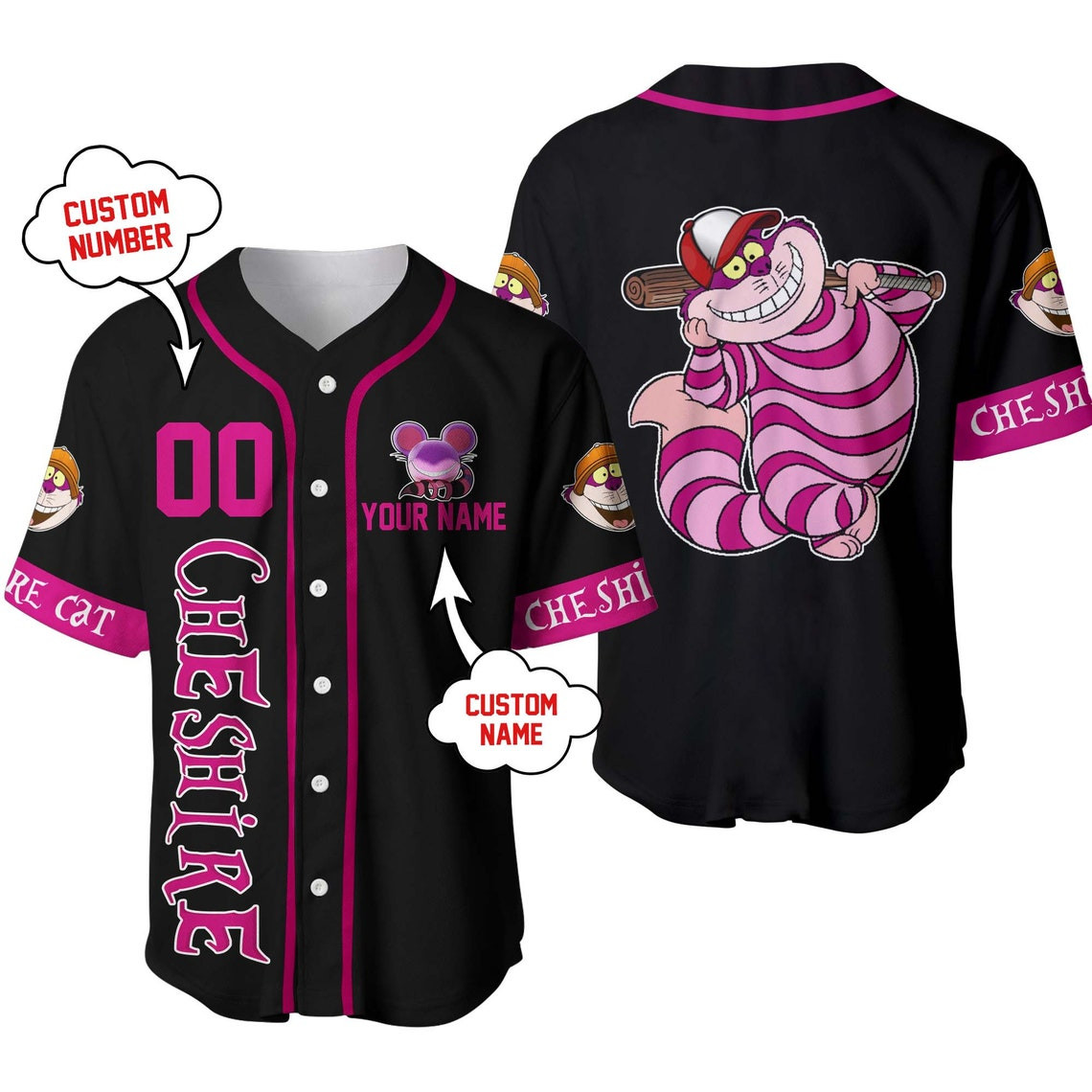 Chesire Cat Pink Black Disney Unisex Cartoon Custom Baseball Jersey Personalized Shirt Men Women