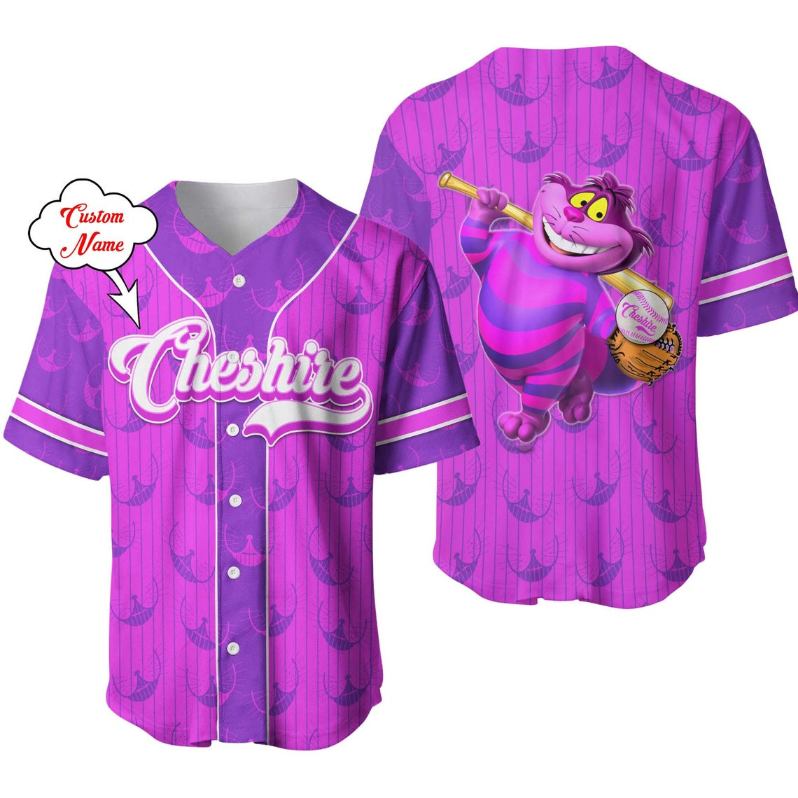 Chesire Cat Purple White Patterns Disney Unisex Cartoon Custom Baseball Jersey Personalized Shirt Men Women