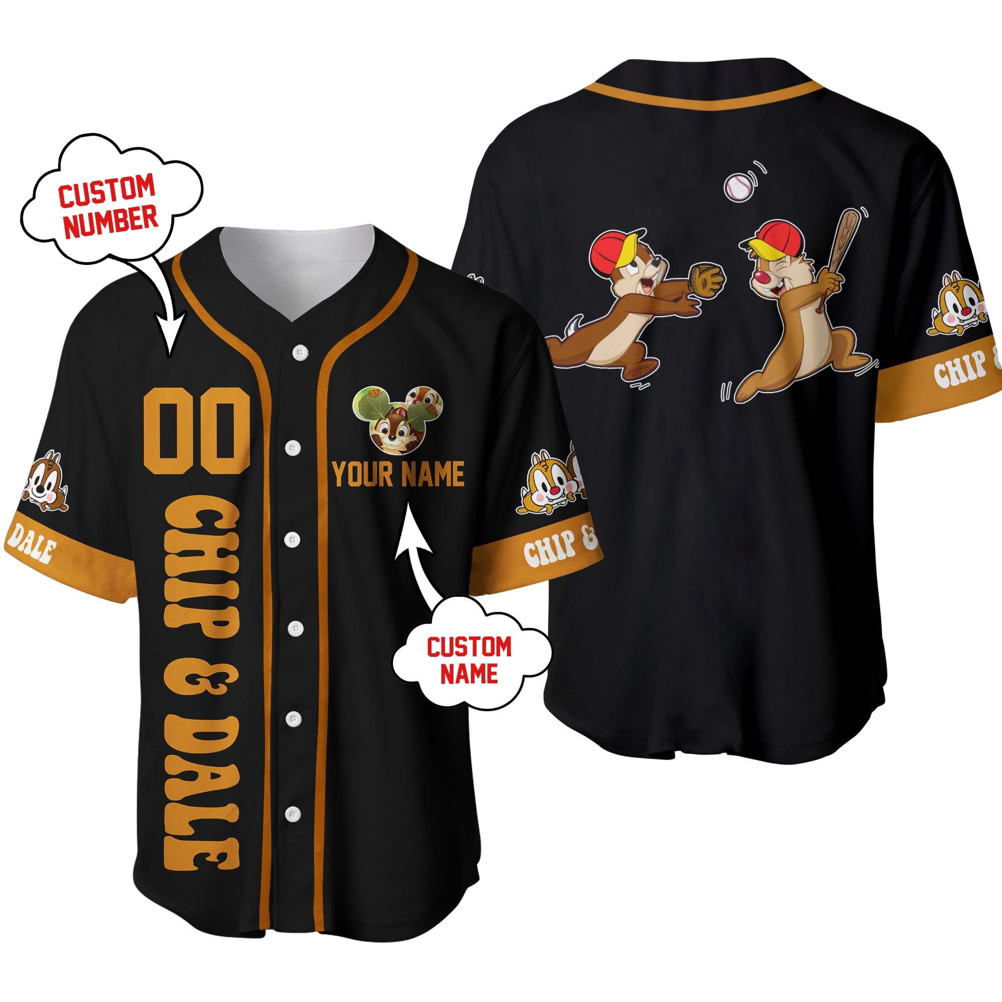 Chip  Dale Chipmunk Black Disney Personalized Unisex Cartoon Custom Baseball Jersey