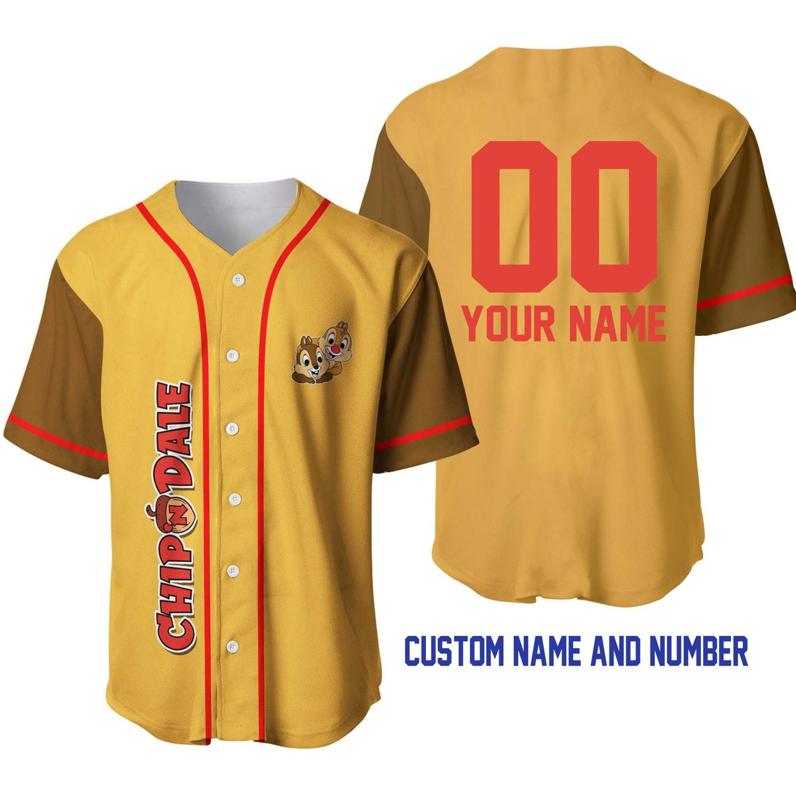 Chip n Dale Gold Brown Red Disney Unisex Cartoon Custom Baseball Jersey Personalized Shirt Men Women