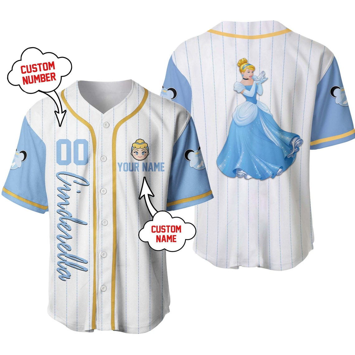 Cinderealla Princess White Blue Yellow Disney Unisex Cartoon Custom Baseball Jersey Personalized Shirt Men Women