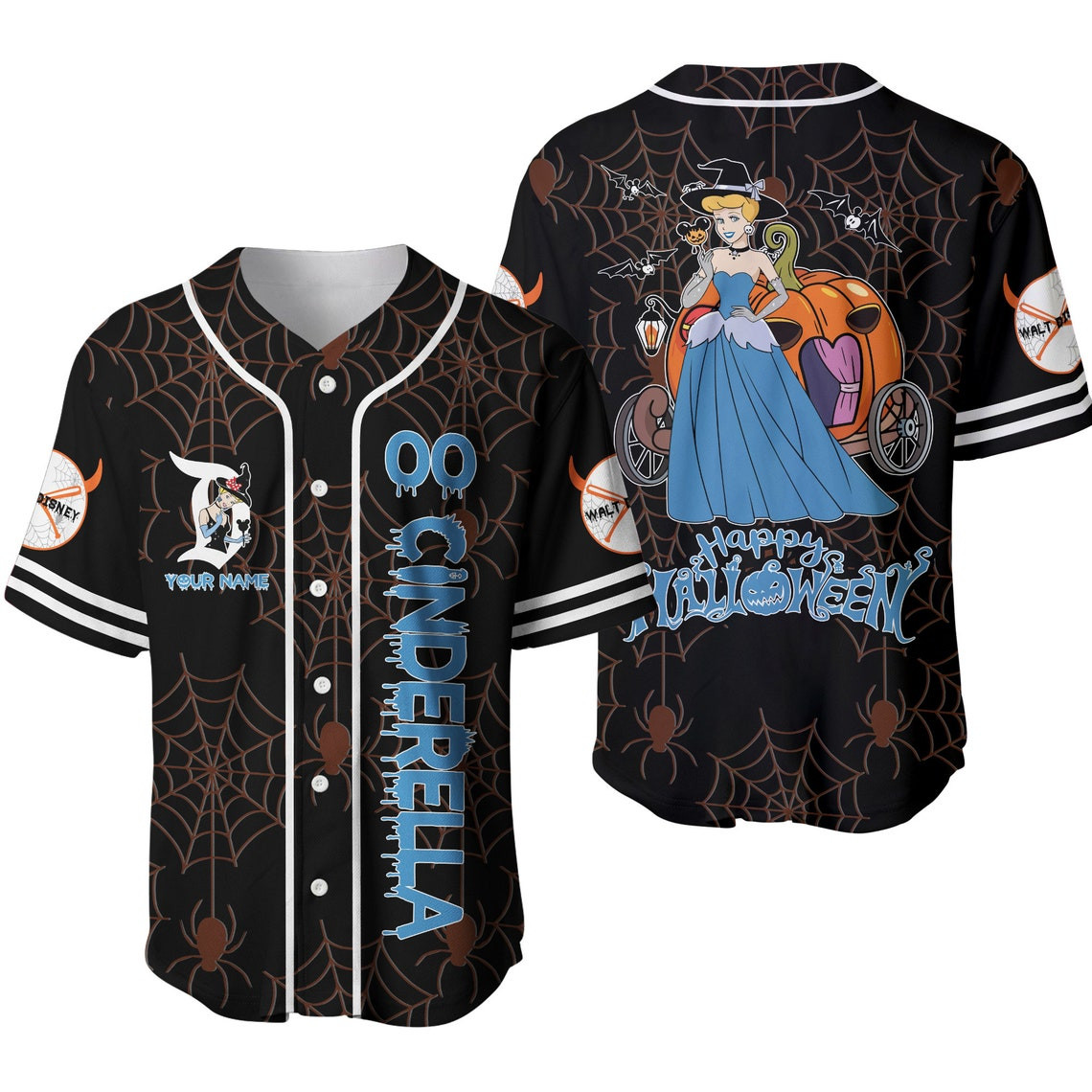 Cinderella Black Blue Happy Halloween Disney Unisex Cartoon Custom Baseball Jersey Personalized Shirt Men Women