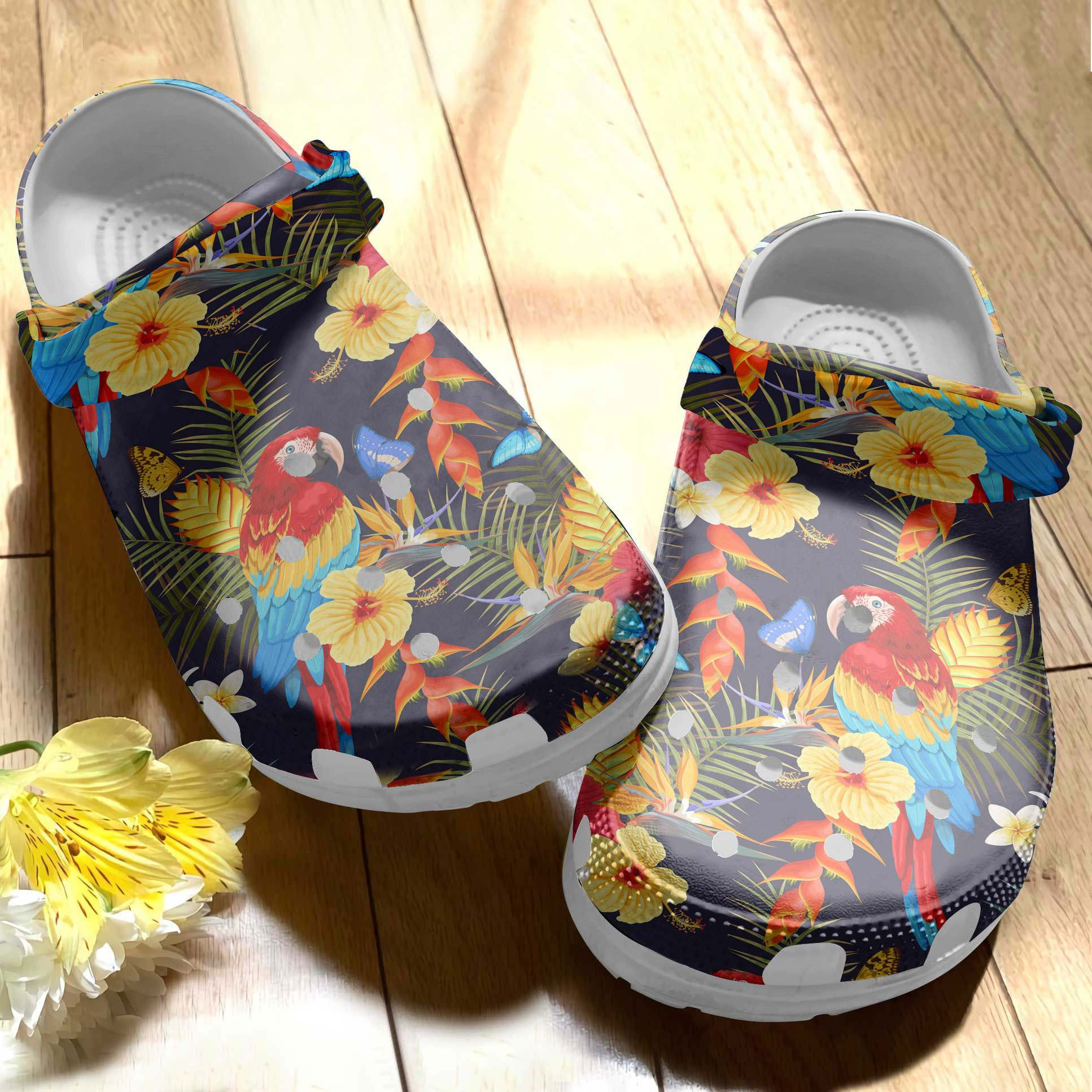 Colorful Parrot Among Exotic Flowers Crocs Shoes Clog Gifts For Women Girl