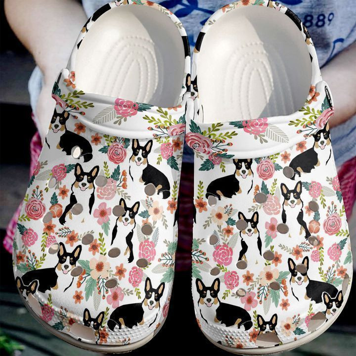 Corgi Floral Pattern Crocs Classic Clogs Shoes