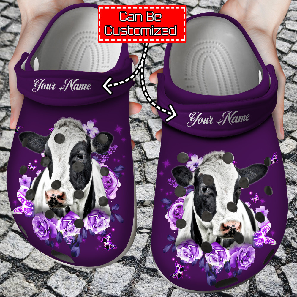 Cow Crocs - Purple Roses And Cow Clogs Shoes For Men And Women