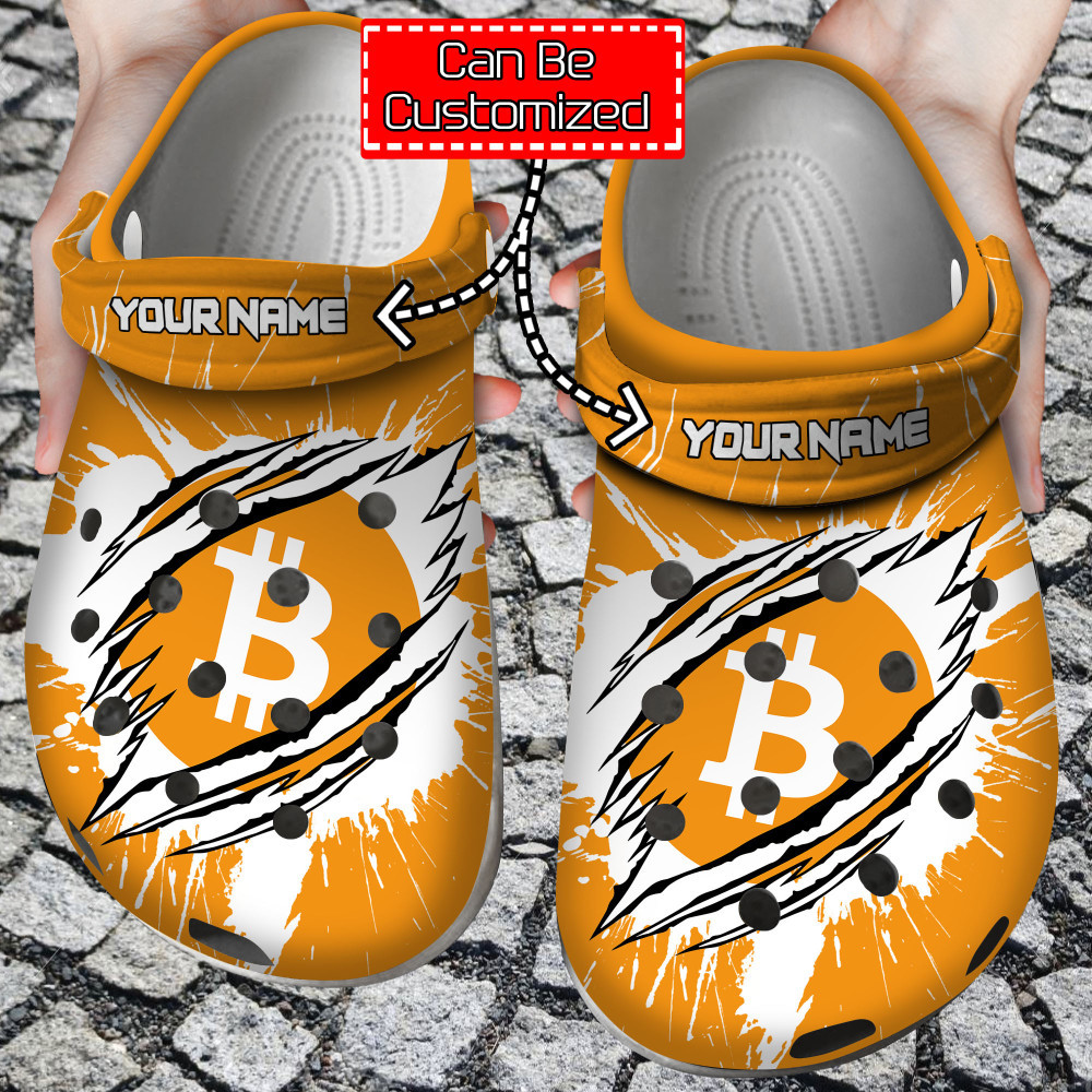 Crypto Crocs - Personalized Btc Coin Ripped Through Clog Shoes For Men And Women