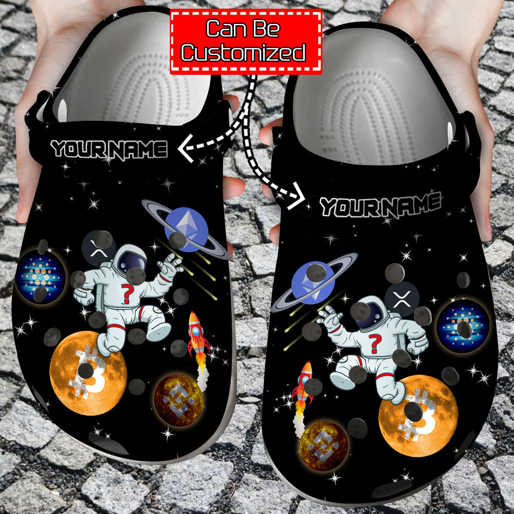 Crypto Crocs - Personalized Spaceman Jumping Between Crypto Coins Clog Shoes For Men And Women