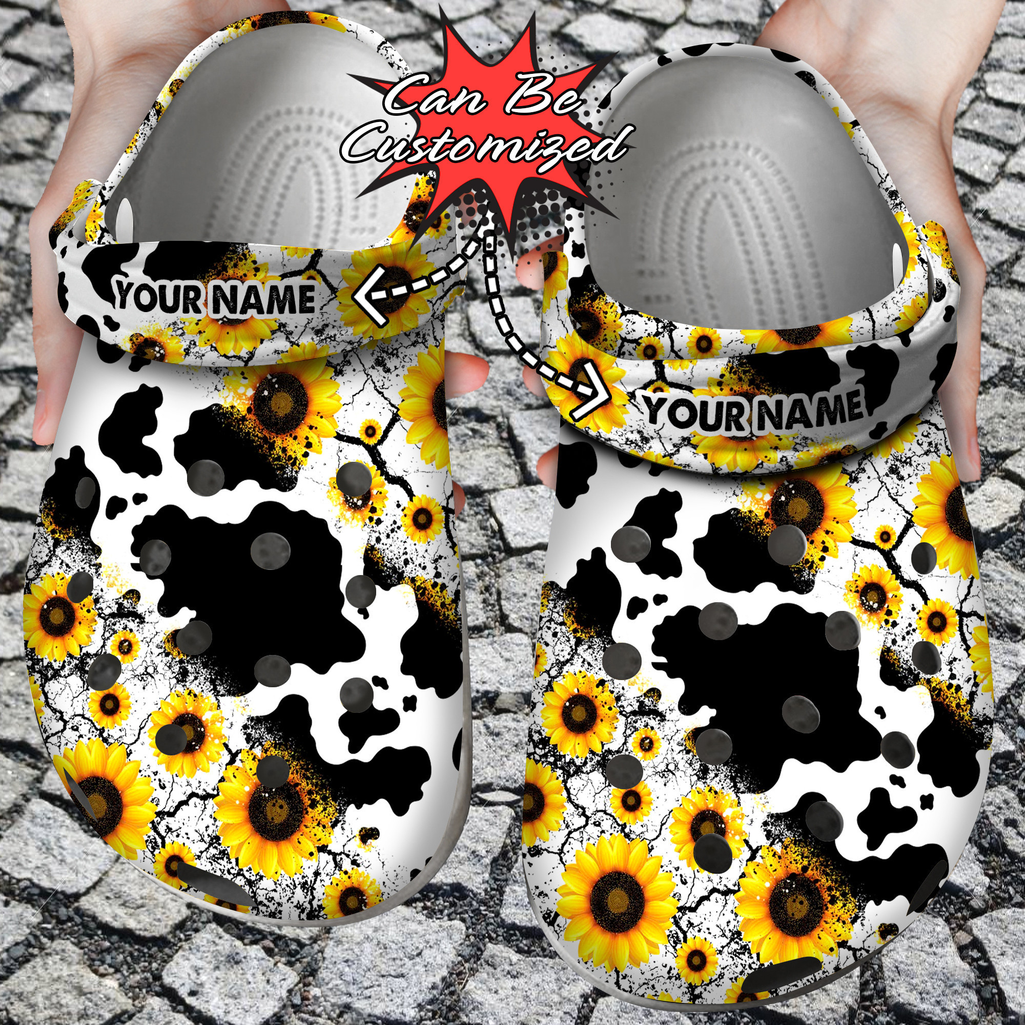 Custom Crocs Personalized Cow Sunflower Stripe Clog Shoes