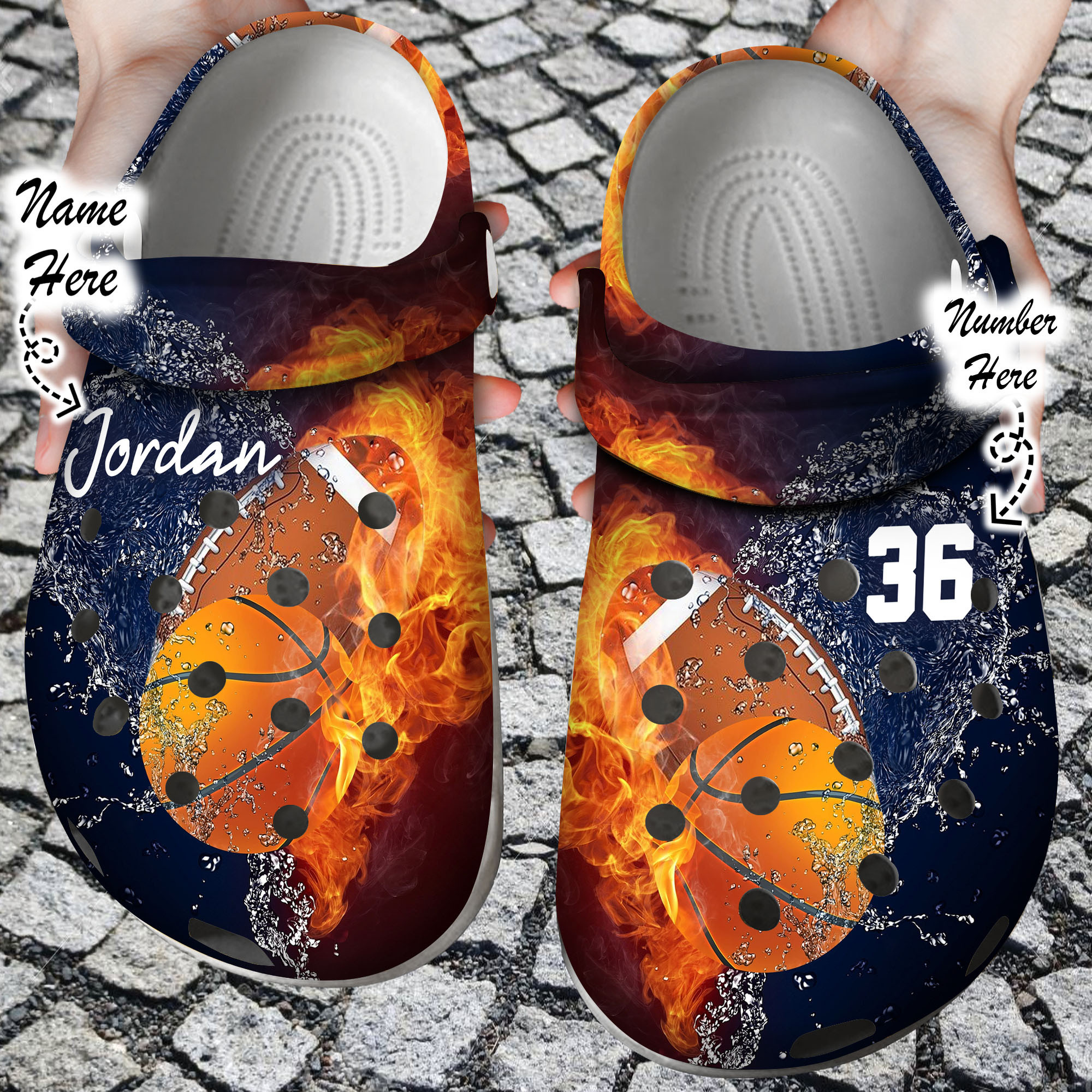 Custom Crocs Personalized Fire and Water Football and Basketball Clog Shoes