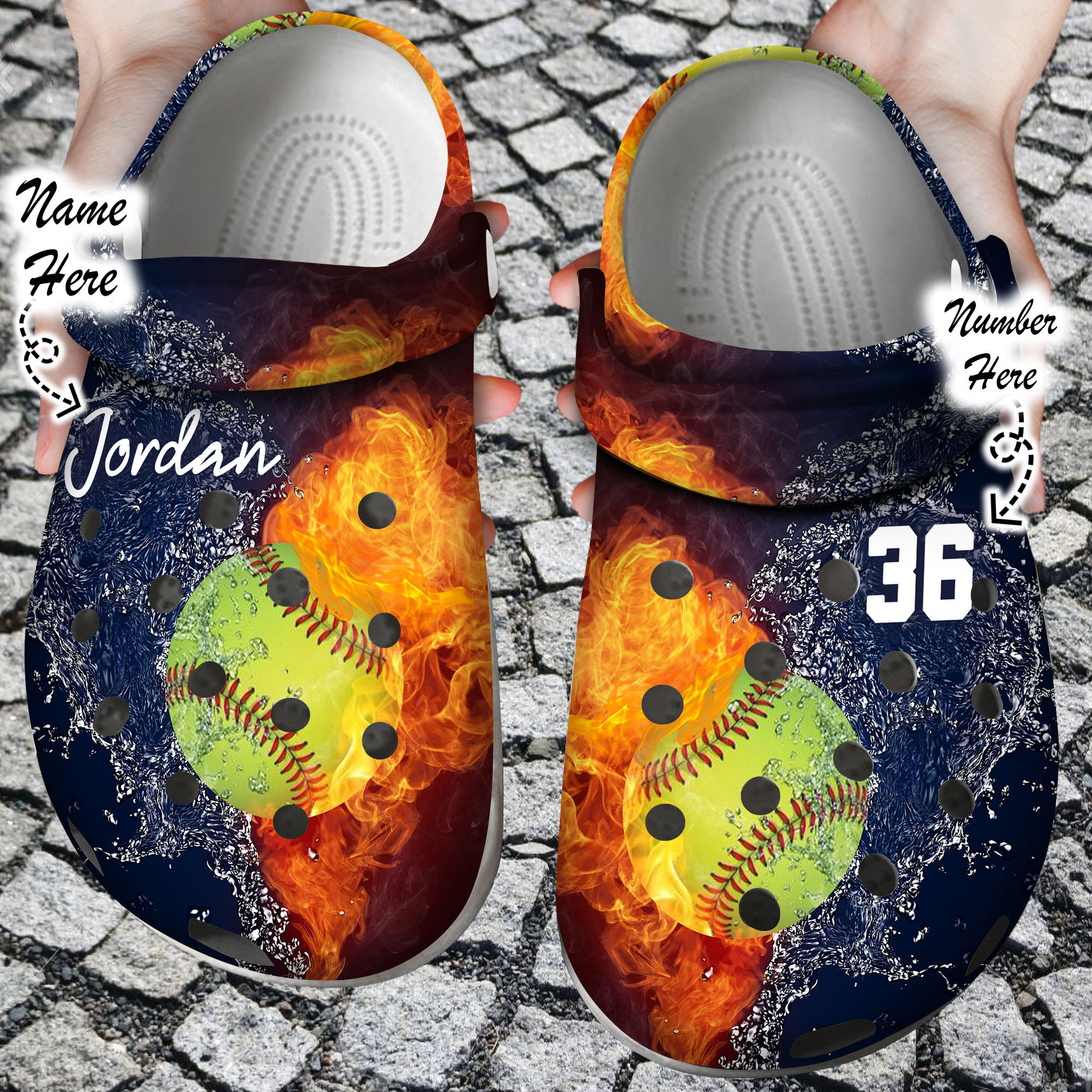 Custom Crocs Personalized Fire and Water Softball Clog Shoes