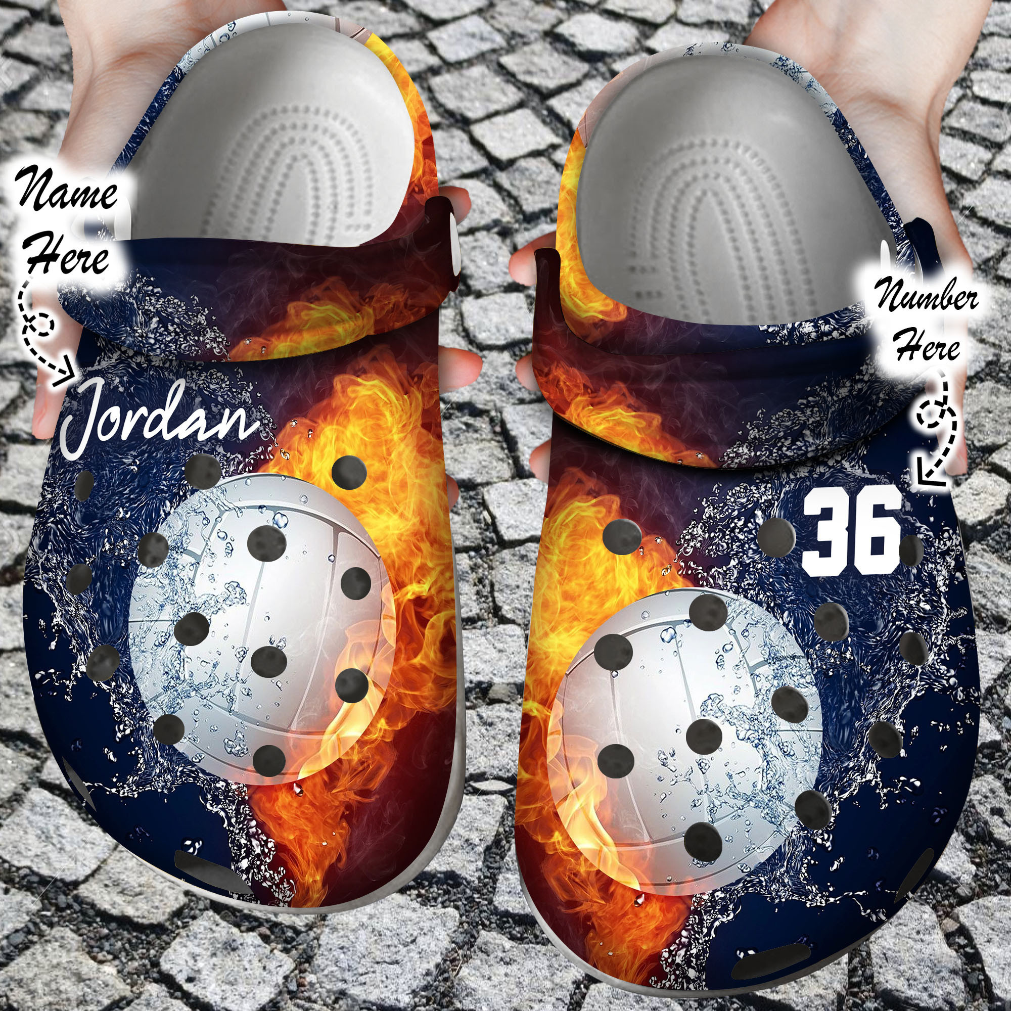 Custom Crocs Personalized Fire and Water Volleyball Clog Shoes