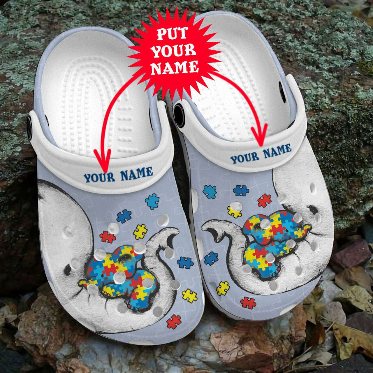 Custom Name Autism Awareness Day Elephant Mom And Baby Puzzle Piece Crocs Crocband Clog Shoes