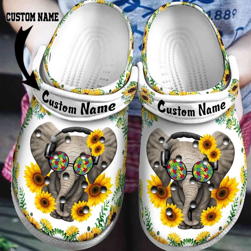 Custom Name Autism Awareness Day Sunflower Elephant Glasses Puzzle Pieces Crocs Crocband Clog Shoes
