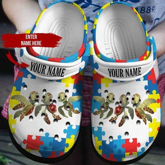 Custom Name Autism Awareness Day Turtles Autism Puzzle Pieces Crocs Crocband Clog Shoes