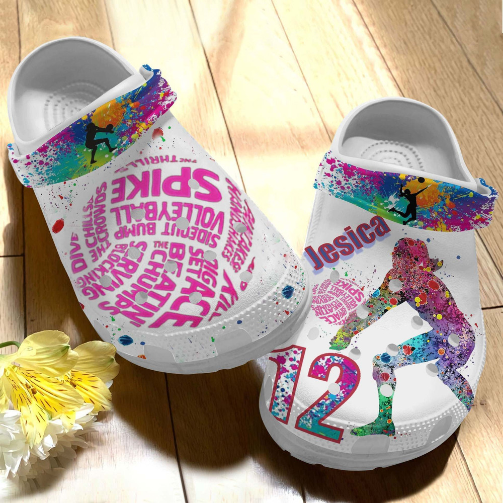 Custom Name Highlights Volleyball Sport Paint Flakes Gift For Lover Rubber Crocs Clog Shoes Comfy Footwear