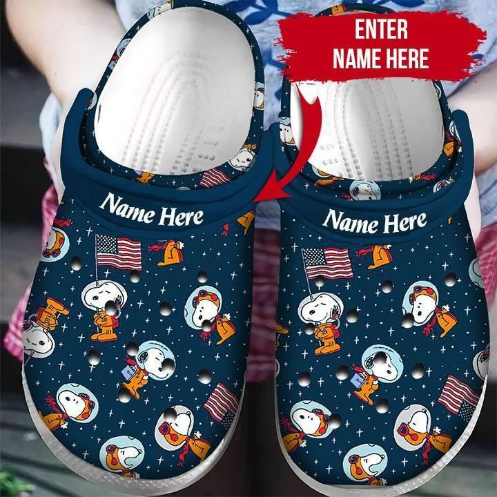 Custom Name Snoopy Astronaut Usa Flag Puzzle Pieces Crocs Crocband Clog Shoes