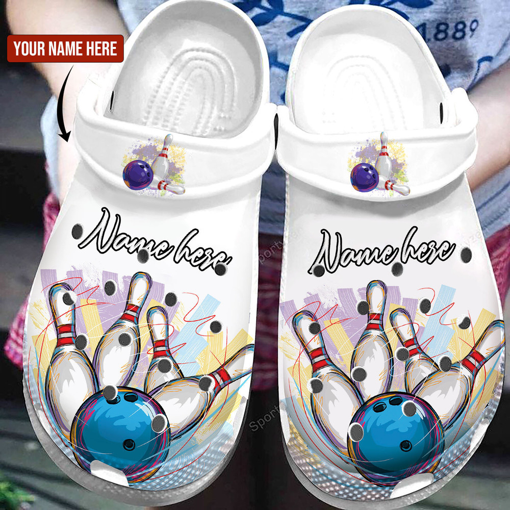 Custom Name White Bowling Strike Clogs Shoes