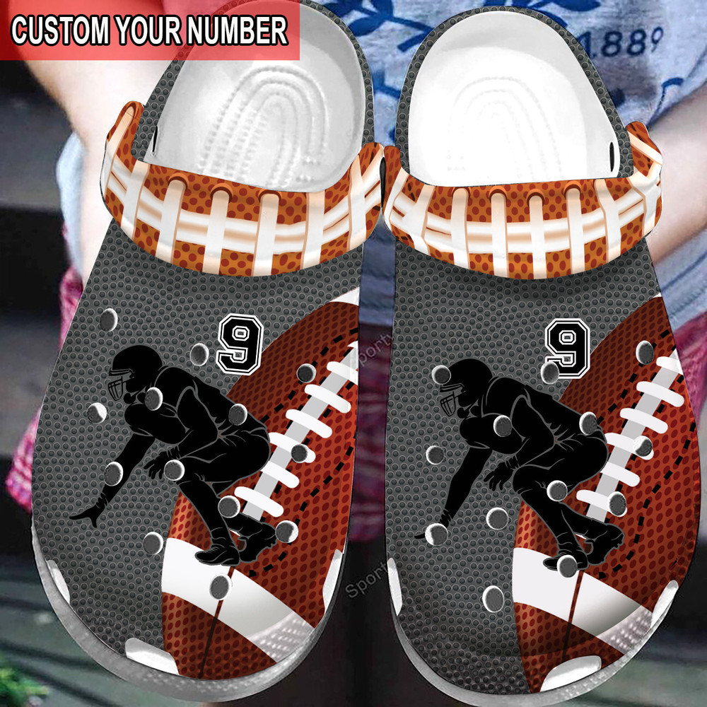 Custom Number American Football Player Brown Grey Clogs Shoes