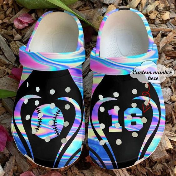 Custom Number Love Softball Holographic Clogs Shoes