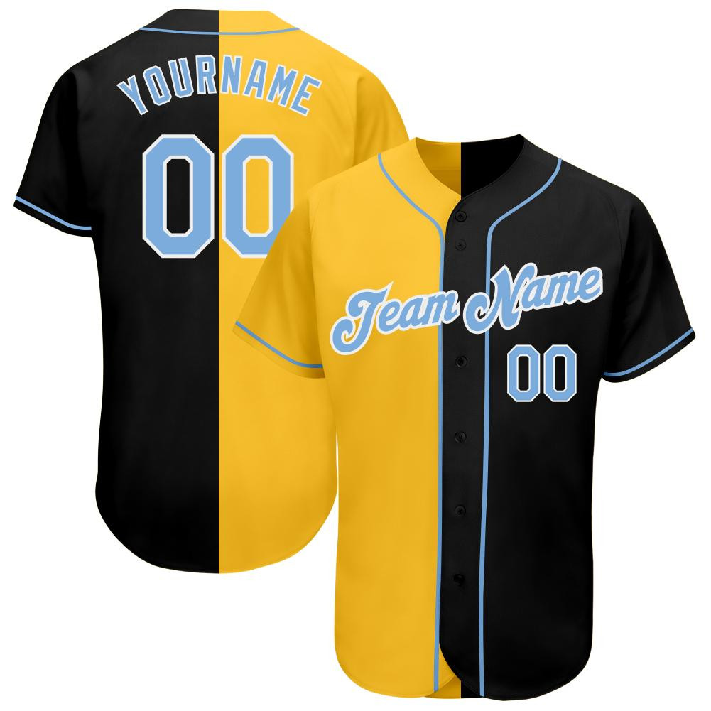 Custom Personalized Black Light Blue Gold Split Fashion Baseball Jersey