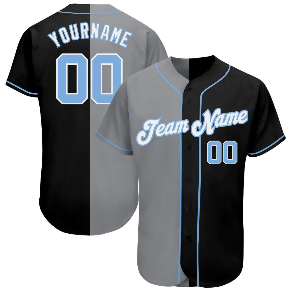 Custom Personalized Black Light Blue Gray Split Fashion Baseball Jersey