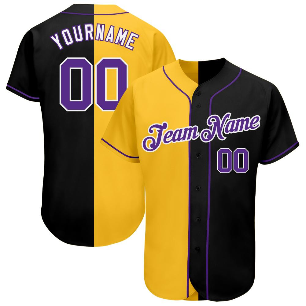 Custom Personalized Black Purple Gold Split Fashion Baseball Jersey