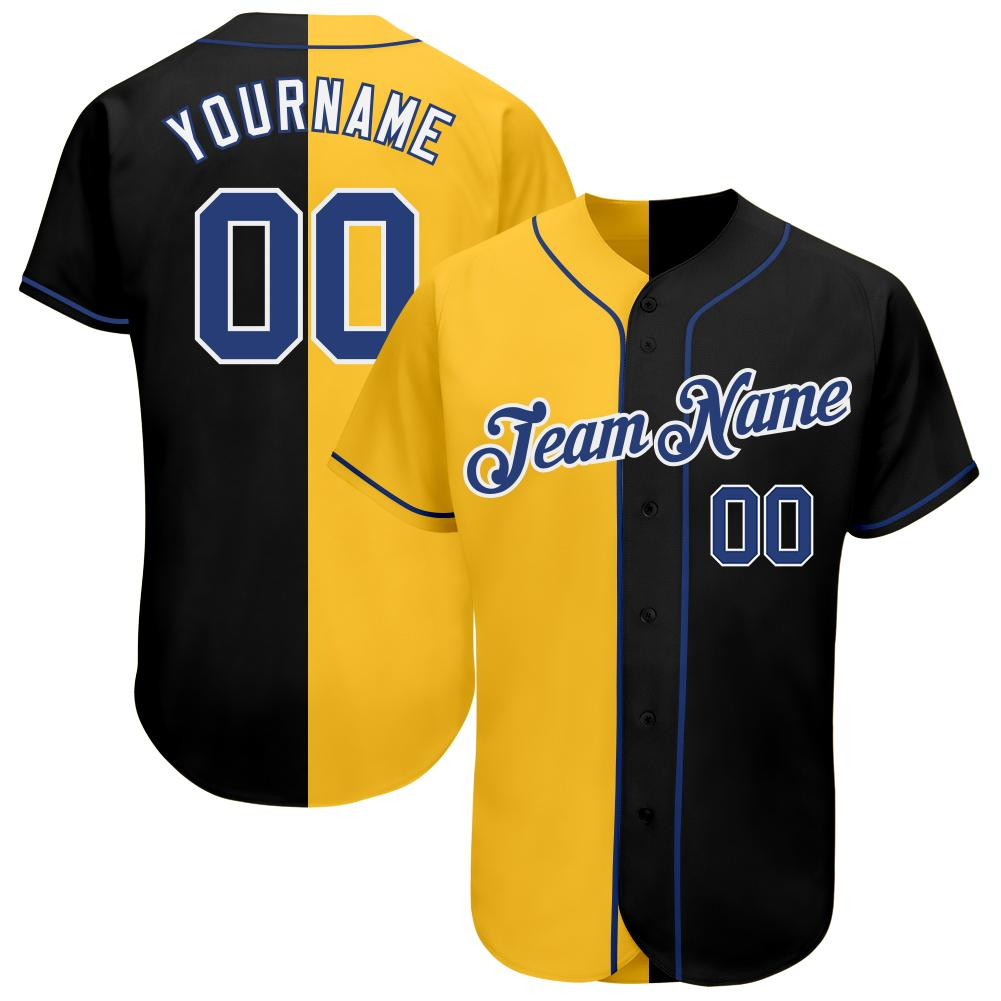 Custom Personalized Black Royal Gold Split Fashion Baseball Jersey