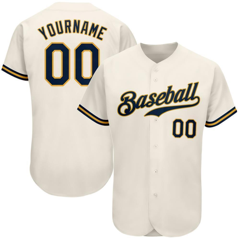 Custom Personalized Cream Navy Gold Baseball Jersey