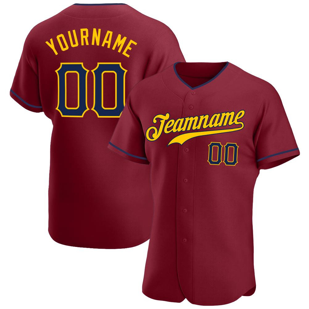 Custom Personalized Crimson Navy Gold Baseball Jersey