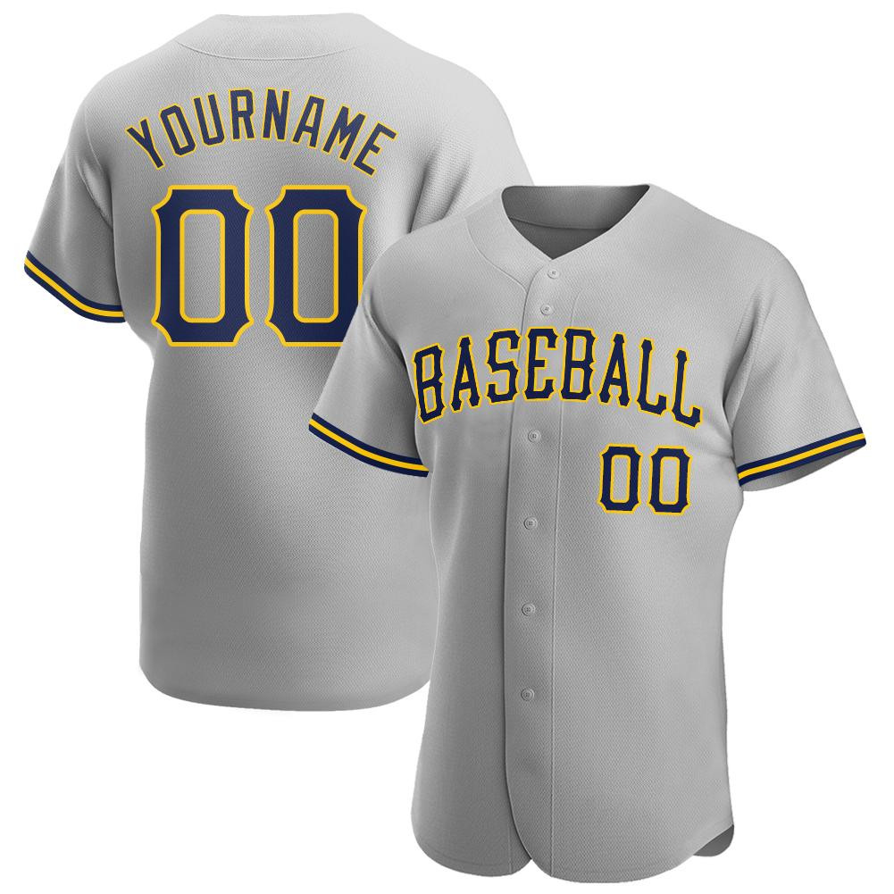 Custom Personalized Gray Navy Gold Baseball Jersey