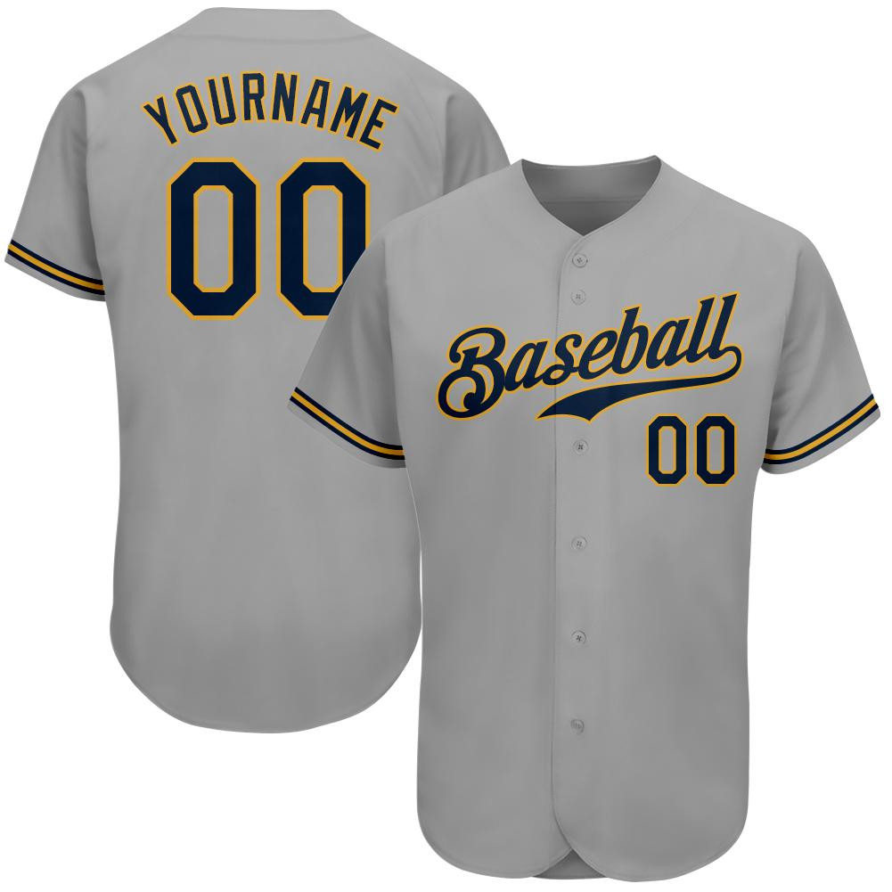 Custom Personalized Gray Navy Old Gold Baseball Jersey