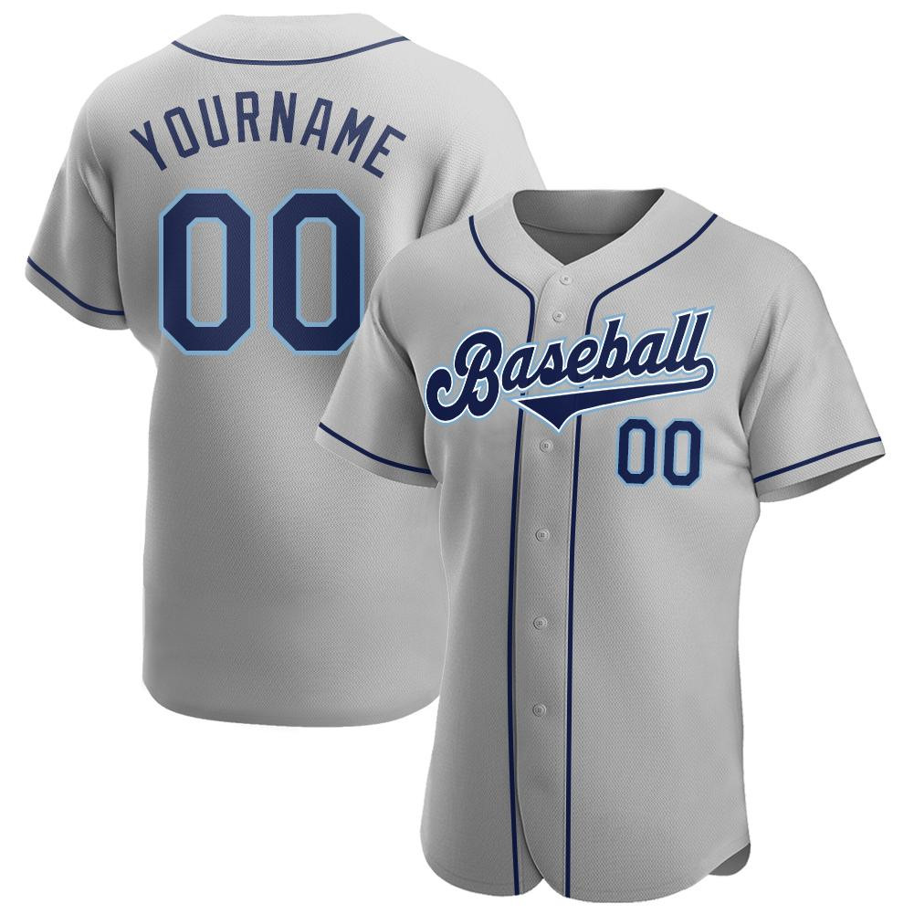 Custom Personalized Gray Navy Powder Blue Baseball Jersey