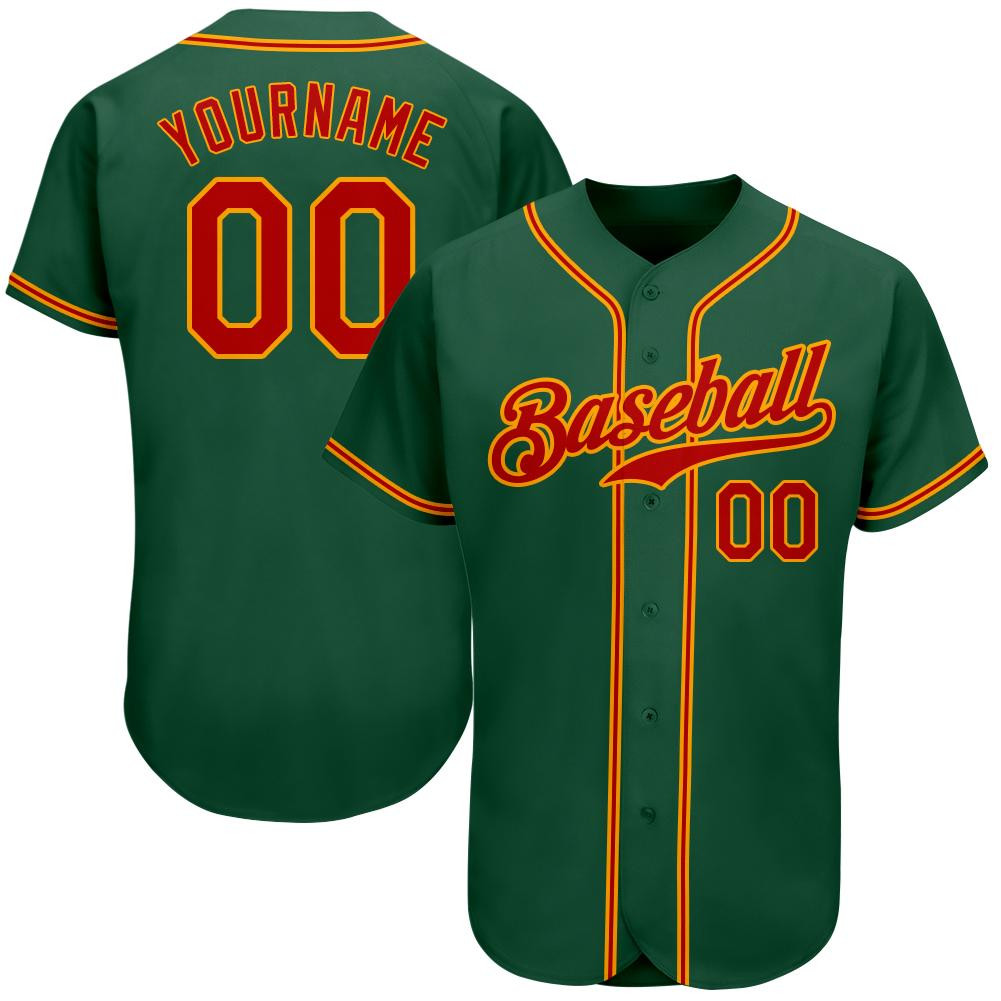 Custom Personalized Kelly Green Red Gold Baseball Jersey