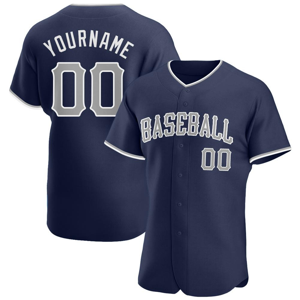 Custom Personalized Navy Gray White Baseball Jersey