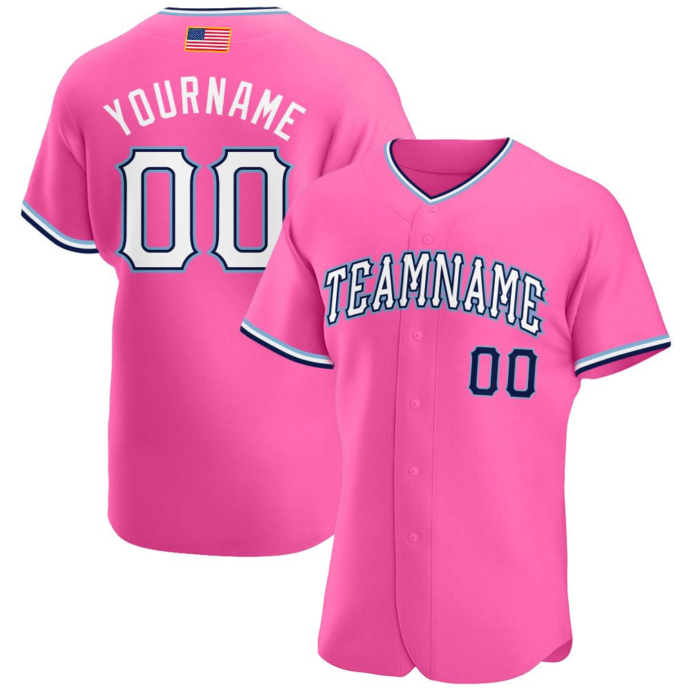 Custom Personalized Pink White Light Blue American Flag Fashion Baseball Jersey