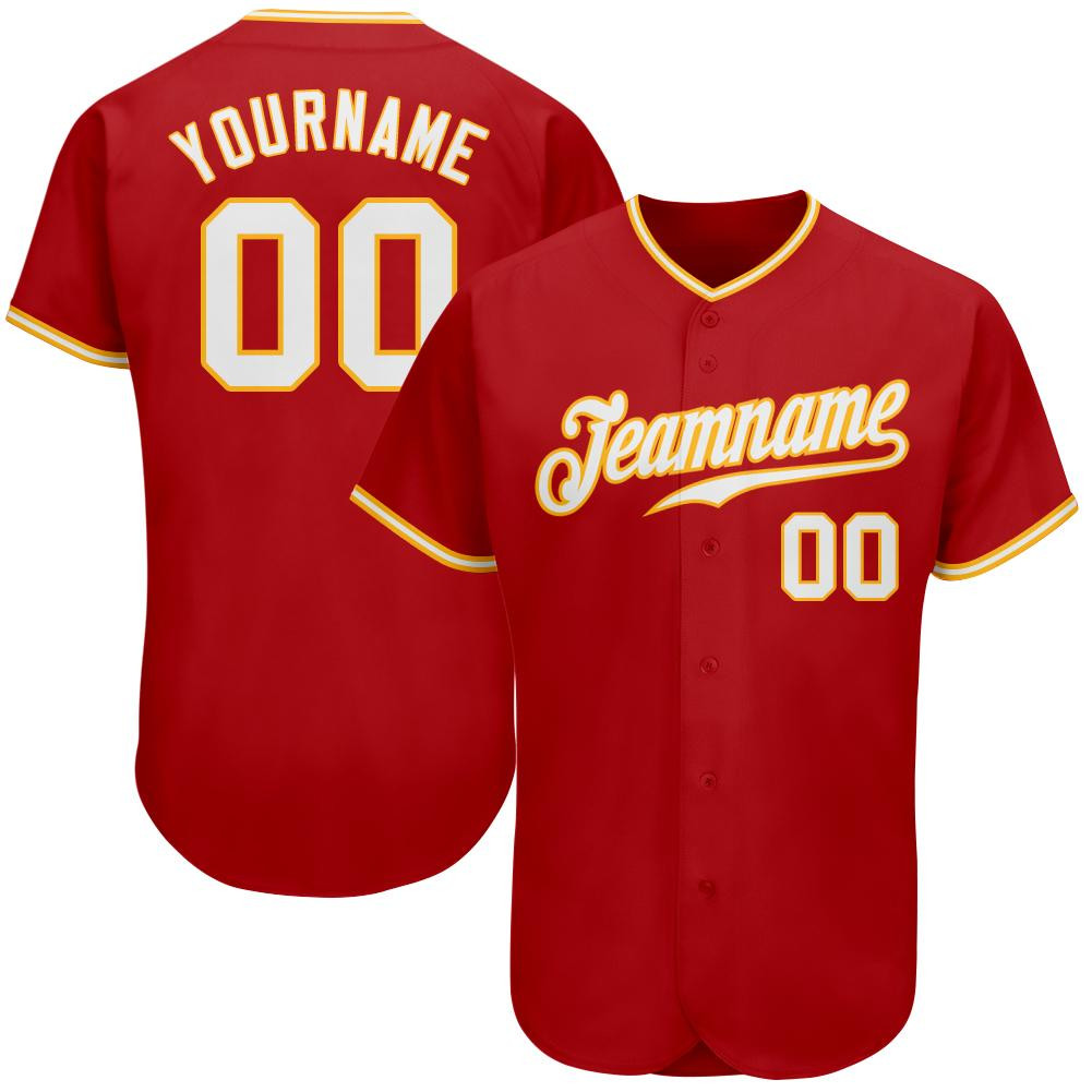 Custom Personalized Red White Gold Baseball Jersey